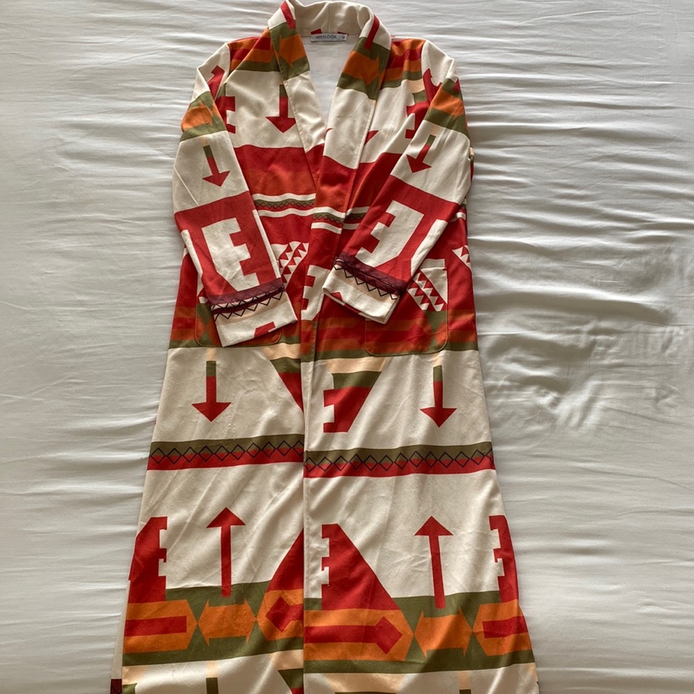 Long cardigan/sweater/duster. Aztec print. Cotton/Polyester